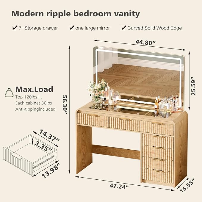 47“Makeup Vanity Desk with 44.8" Mirror and Lights, Vanity Desk with 7 Drawers, Makeup Vanity Table with a Glass Tabletop, 3 Color Modes & Adjustable Brightness Dressing Table, Bedroom,Oak