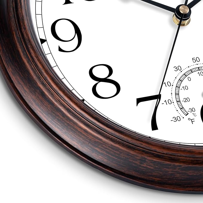14 Inch Outdoor Wall Clock with Thermometers, Vintage Silent Wall Clocks Battery Operated, Retro Non-Ticking Clock Decorative for Living Room, Patio, Kitchen, Office, Bathroom, Bedroom(Bronze)