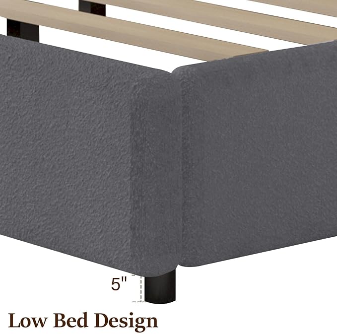 Twin Size Bed Frame, Boucle Upholstered Platform Bed with Headboard, Cloud Bed Frame with Soft Rounded Corners, No Box Spring Required, Easy Assembly, Grey