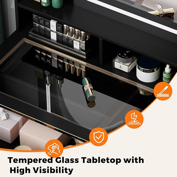 57“Makeup Vanity Desk with Mirror and Lights, Vanity Desk with 5 Drawers & Storage Shelves, Vanity Table with Power Outlet, 3 Color Modes & Adjustable Brightness Dressing Table, Bedroom,Black