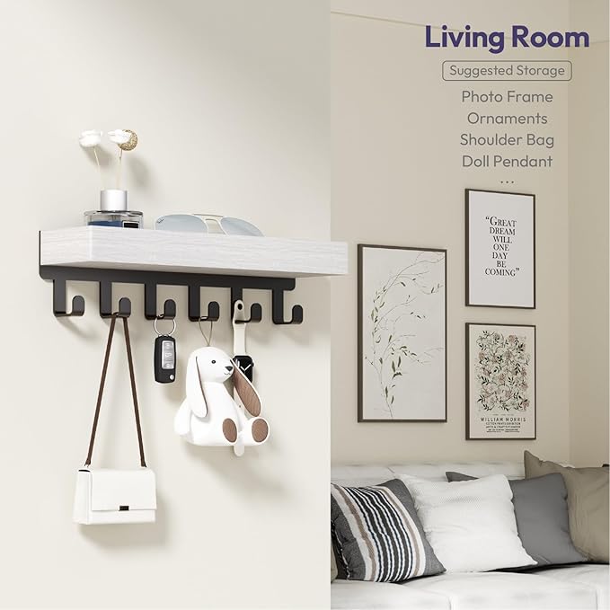 SWTYMIKI Key Holder Wall Mount - Wooden Key Hooks for Wall with Mail Organizer & 6 Hooks, 2 Installation Ways Key Hanger, Key Rack with Shelf for Entryway Living Room Bedroom Office Home Decor White