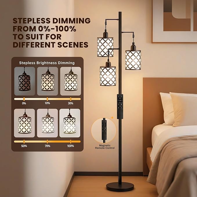 New Upgraded 72" Tall Dimmable Floor Lamp, 3 x 800LM 9W LED Bulbs Included, Farmhouse Standing Lamp with Remote Control, Industrial Tree Pole Floor Lamps for Living Room, Bedroom, Study Room - Brown