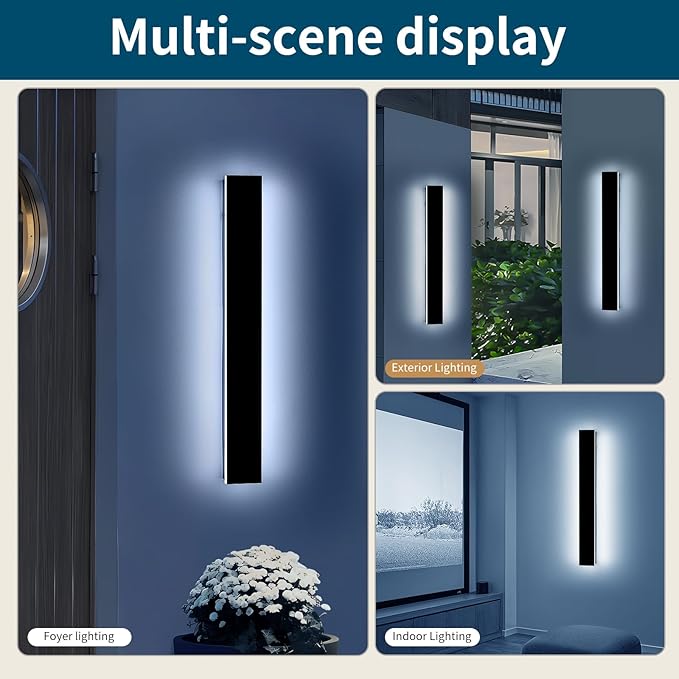 2 Pack 23.6inch Long Outdoor Led Wall Lights, IP65 Waterproof Black Outside Porch Lights, 6000K Cold White, 24W, Modern Exterior Wall Sconces Lighting for Garage, Patio, House, Garden