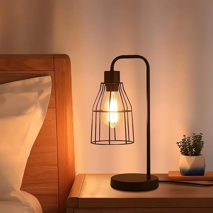 Industrial Vintage Table Lamp with Plug-in Cord Switch, Black Farmhouse Table Lamp with Metal Cage Shade, E26 Base Edison Bedroom Nightstand Light for Bedside, Office, Living Room