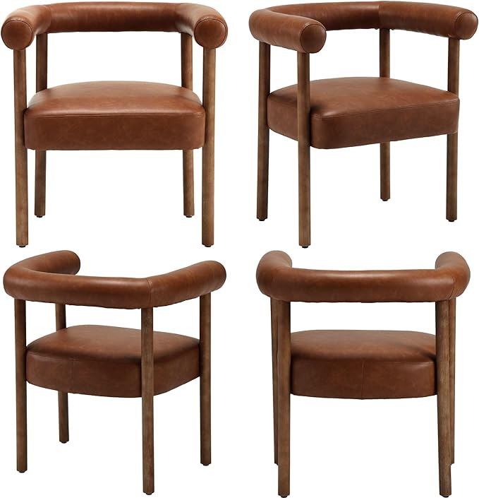 Mid-Century Modern Dining Chairs Set of 2, Armrest Barrel Dining Chairs Side Accent Chairs with Curved Back, Upholstered Wood Armchairs for Kitchen, PU Leather Brown