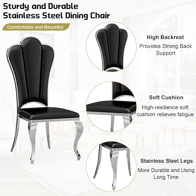 Dining Table Set for 6, 7-Piece Kitchen Table Chairs Set, Modern Dining Room Set with 70'' Marble Dinner Table and 6 Petaloid Backrest Upholstered Chairs for Kitchen, Black & Silver