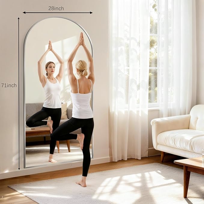 Mirror Full Length, 28"x71" Large Arched Floor Full Length Mirror with Stand, Room Decor Big Full Body Floor Mirror with HD Tempered Glass Aluminum Frame for Bedroom Living Room, Silver