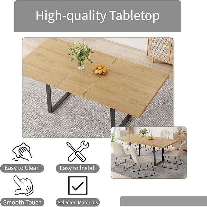 ZckyCine 51"-67" Extendable Dining Table Set for 4-6, Oak Finish Kitchen Table with 6 PU Leather Chairs, Scratch-Resistant MDF Board & Sturdy Metal Legs, Modern Dining Room Furniture