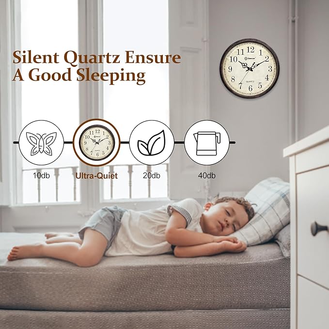 Geevon Vintage Brown Wall Clock, Silent 16" Non Ticking Wall Clock Battery Operated Retro Rustic Style Round Clock Decorative for Kitchen,Classroom,Bedroom,Living Room Decor