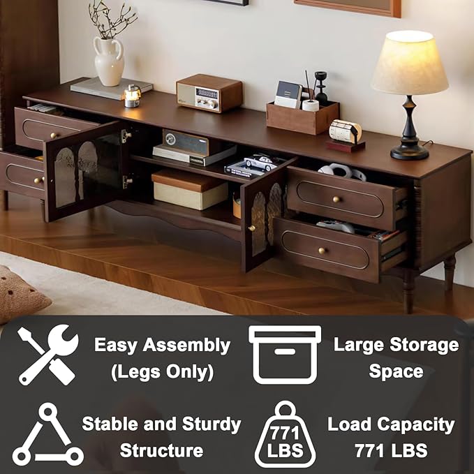 Fully Assembled 78" Solid Wood TV Stand for TVs up to 85 Inch, Modern Entertainment Ceter with Storage Cabinet and 4 Drawers, TV Media Console Table TV Stand for Living Room Bedroom, Walnut