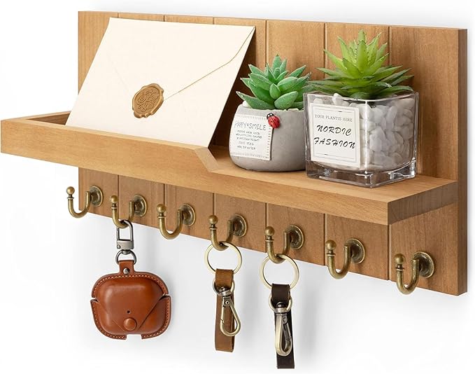 Rebee Vision Decorative Key Holder for Wall Shelf - Farmhouse Wood Wall Hanging Mail Organizer with 7 Sturdy Key Hooks for Home Entryway Decor - Stylish Key Racks (Light Brown)