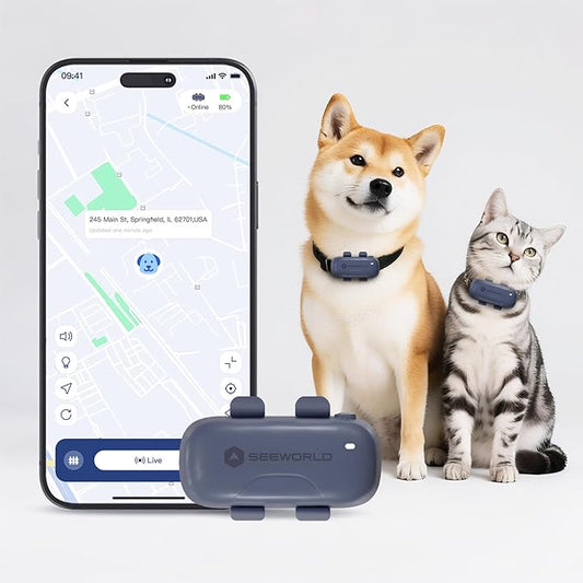 SEEWORLD Cat Tracker GPS Dog Pet Tracker with Real-Time Location Tracking | Virtual Fence | Location History | Health & Escape Alerts | Unlimited Range Waterproof Fits All Collars