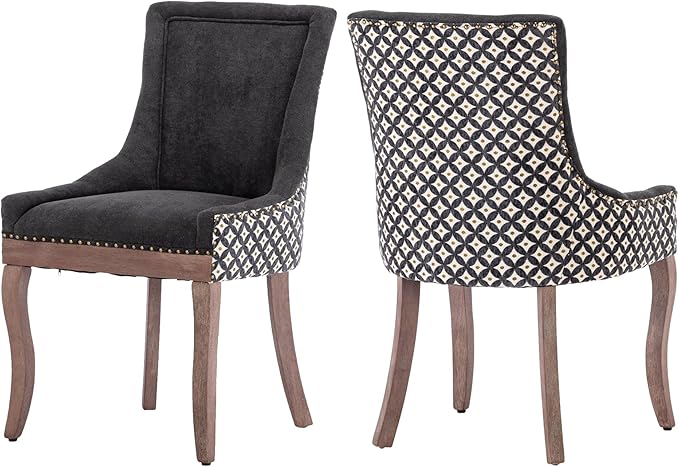 Farmhouse Dining Chairs Set of 2, Upholstered Fabric Dining Room Accent Chairs with Wood Legs & Bronze Nailhead, High Wingback Kitchen Chairs for Living Room Hotel Apartment, Black