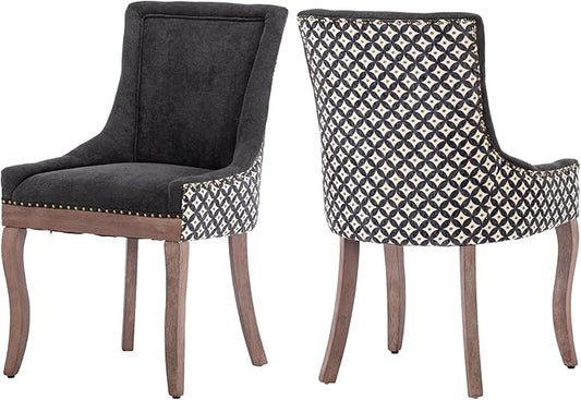 Farmhouse Dining Chairs Set of 2, Upholstered Fabric Dining Room Accent Chairs with Wood Legs & Bronze Nailhead, High Wingback Kitchen Chairs for Living Room Hotel Apartment, Black