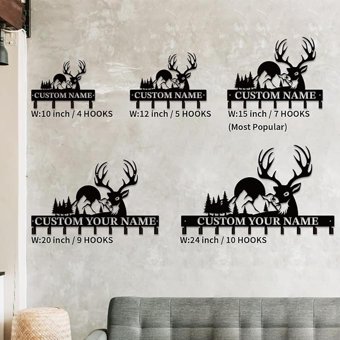 Personalized Custom Name Forest Deer Wall Keys Hooks,Metal Forest Deer Art Clothes Hooks,Metal Forest Deer Wall Home Storage Decorative,For Front Door, Hallway, Kitchen, Bedroom,Keys,Hats (Style B)