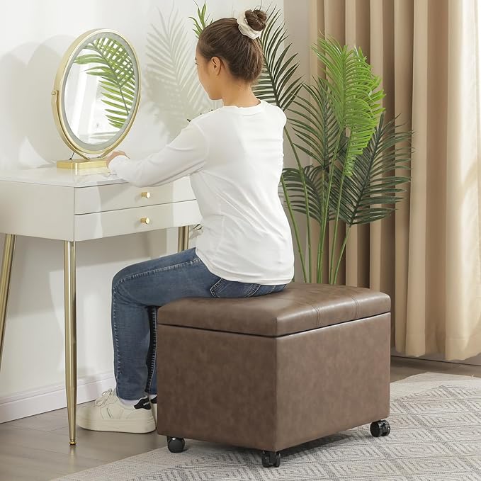 Joveco 24" Linen Storage Ottoman Bench with Wheels, Rectangle Foot Rest Stool for Living Room, Bedroom, Entryway, Earthy Light Brown Veining