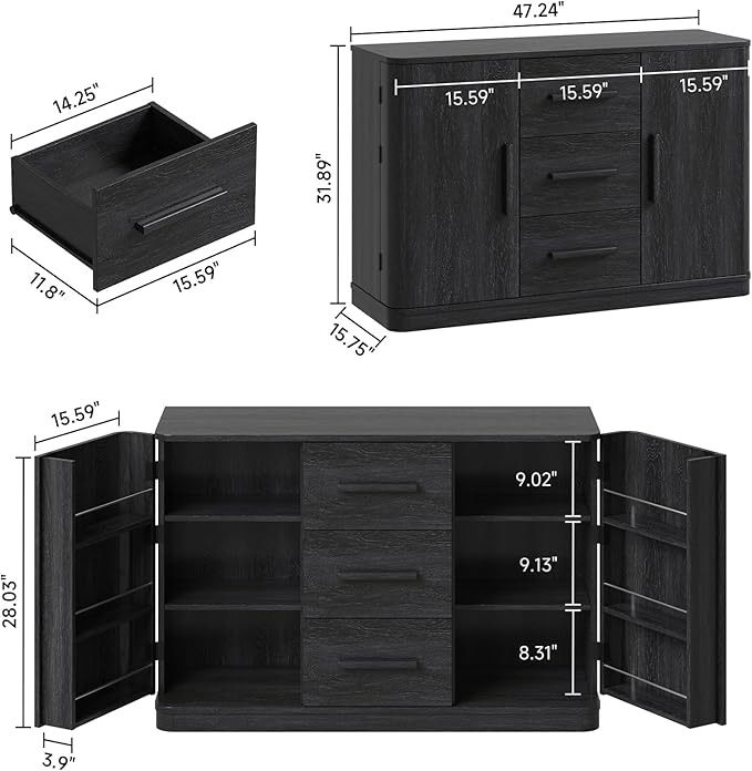 ONBRILL 47" Curved Buffet Cabinet with Storage and 3 Drawers, Large Sideboard Buffet Storage Cabinet with 2 Doors, Modern Coffee Bar Table for Dining Room, Living Room, Entryway (Black)
