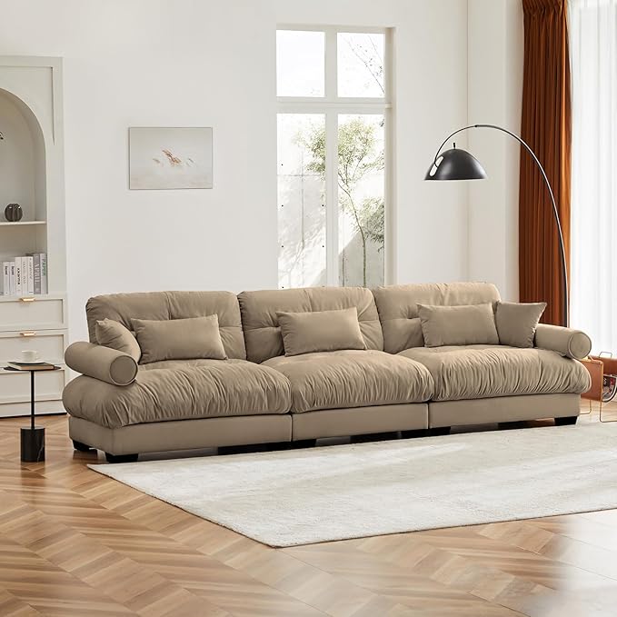 130" Oversized Couch, 3 Seater Modular Sectional Sofa, Camel Large Sectional Couches for Living Room, Fluffy Couch Set, Velvet Cloud Sofa with 5 Pillows, Deep Seat Sofas for Living Room