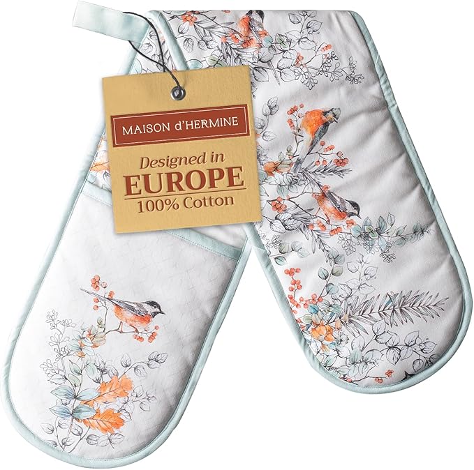 Maison d' Hermine Double Oven Mitt (7" x 35") 100% Cotton Heat Resistant BBQ Cooking Gloves with Loop for Thanksgiving Christmas Decorations Baking Cooking Handling Hot Pan (Whitish Shabby Chique)