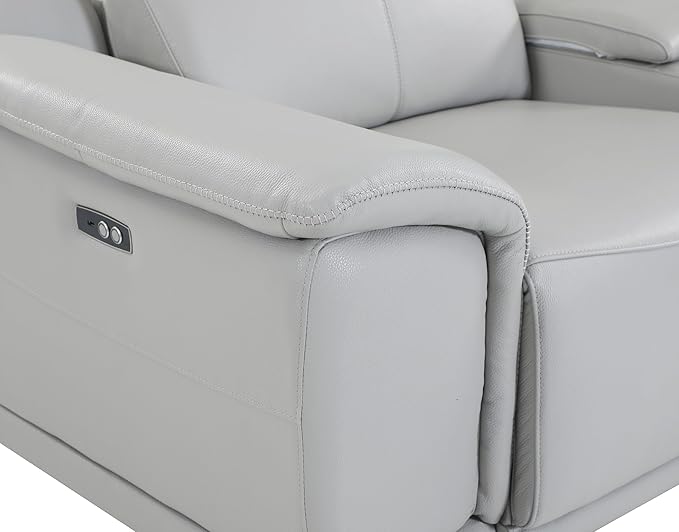 Blackjack Furniture Venice Top Grain Italian Leather Power Recliner Chair with Adjustable Headrest Modern Luxury Seating for Living Room Lounge, Light Grey