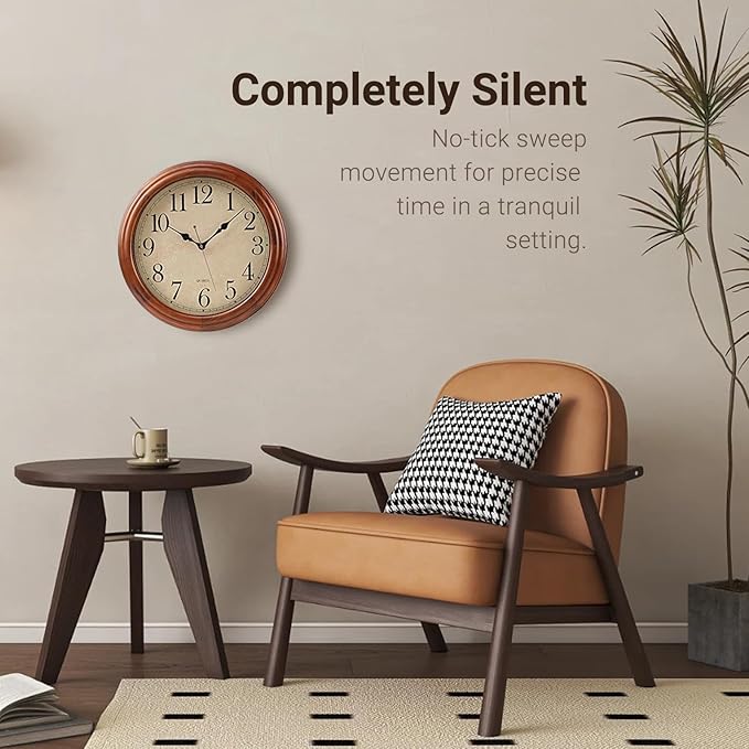 16-Inch Wood Wall Clock with Large Numbers, Retro Round Brown Clock Wall, Silent Non-Ticking for Living Room, Kitchen Wall Clocks