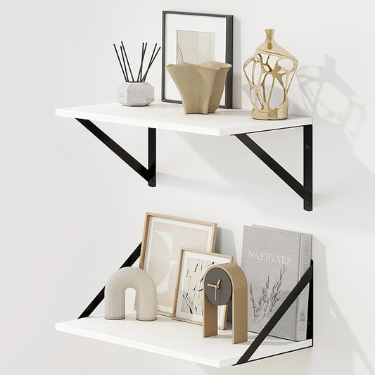 Fun Memories Deep Floating Shelves for Wall, 16W x 8D Wall Mounted Shelves Set of 2, Wide Display Ledge Shelf with Sturdy Metal Brackets for Living Room, Bathroom, Bedroom and Kitchen, White