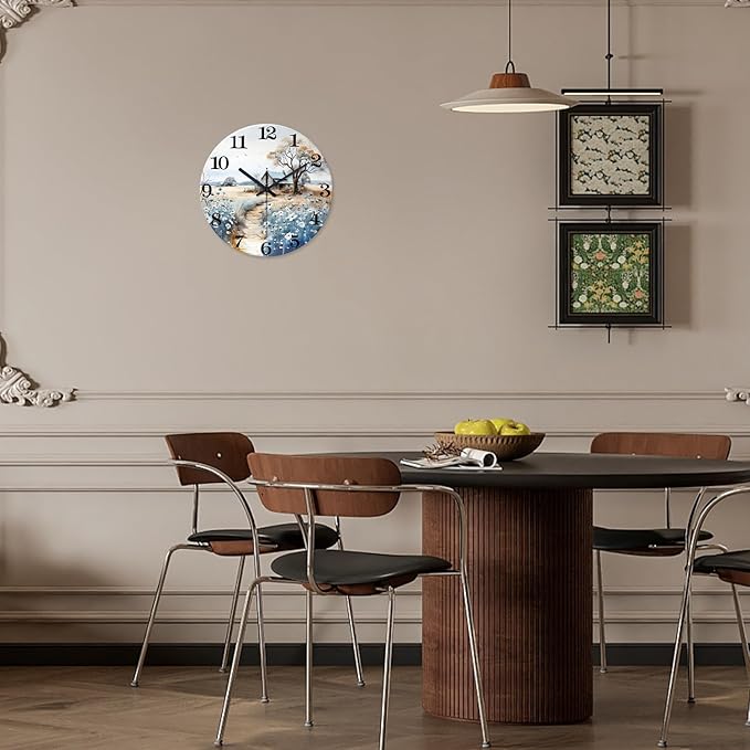 XNM Round Kitchen Wall Clocks Battery Operated 10 Inch Rustic Wall Clock Blue Flower Silent Wall Clock Wood(No Solid Wood, It is with MDF Material)