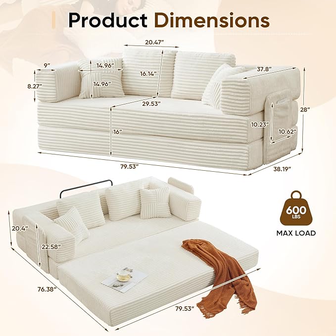 Antetek Convertible Sofa Bed, Comfy Corduroy Fluffy Love seat Sleeper Sofa, 5 in 1 Folding Couch Bed, Fold Out Floor Couch with Pillows for Bedroom, Living Room, Office, Wide Stripes, Beige