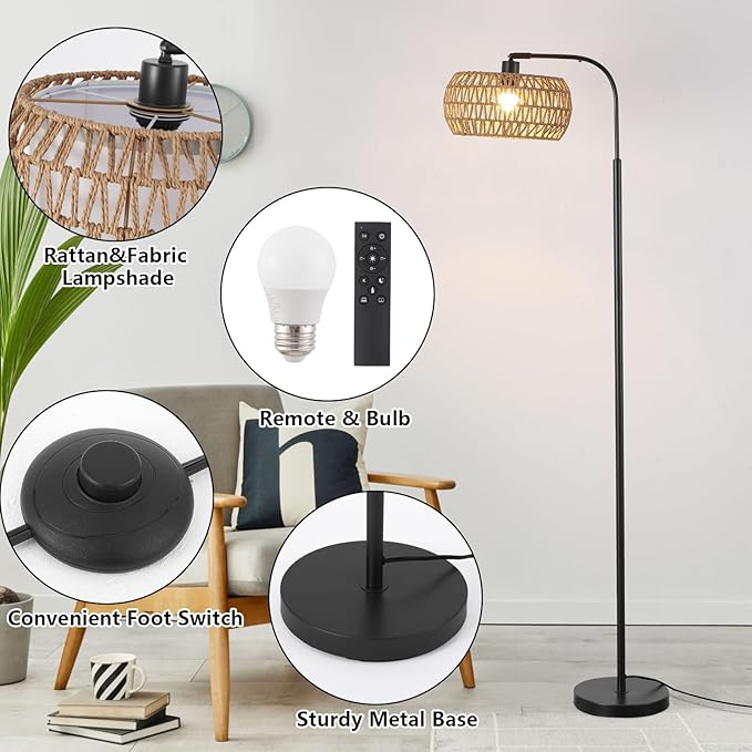 Rattan Floor Lamp for Living Room, Tall Pole Lamp with Adjustable Drum Shade, Foot Switch& Romote, Height Ajustment, Over Couch Arched Floor Light for Reading Bedroom Bulb Included