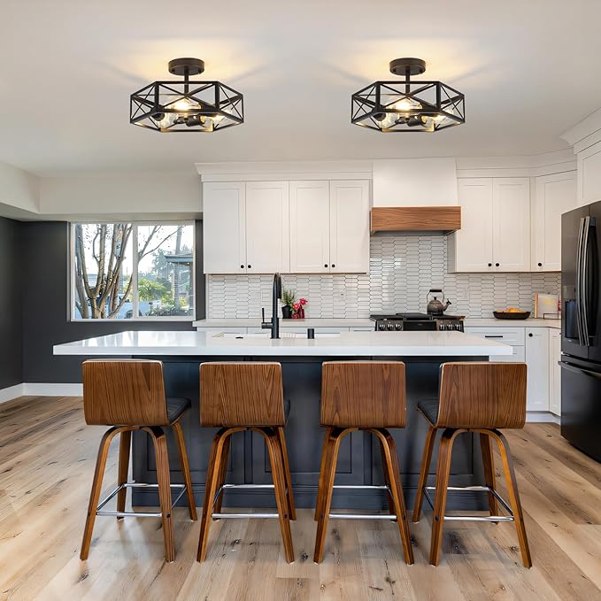 Black Semi Flush Mount Ceiling Light, Farmhouse Hallway Light Fixtures Ceiling Mount, 3 Light Industrial Close to Ceiling Lights with Metal Hexagon Cage for Kitchen, Hallway, Entryway, Bedroom