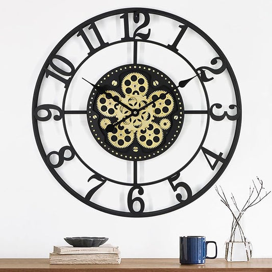 24In Large Wall Clocks for Living Room Decor with Moving Gears,Large Wall Clock Industrial Steampunk,Oversized Metal Analog Wall Clocks for Home Battery Operated (Accessories Color May Vary)