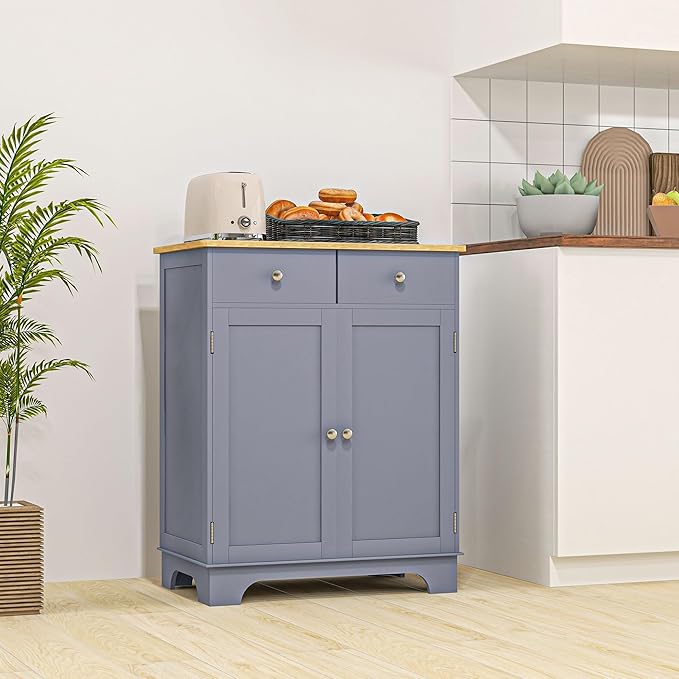 HOMCOM Sideboard with Solid Wood Countertop, Modern Kitchen Storage Cabinet, Coffee Bar Cabinet with 2 Drawers, Doors and Adjustable Shelf, Gray