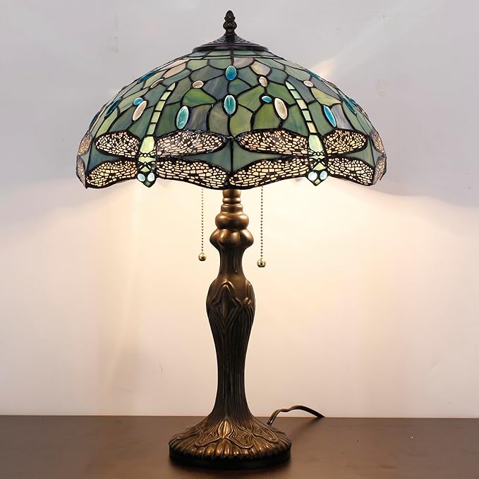 Tiffany Table Lamp Sea Blue Stained Glass Dragonfly Style 16X16X24 Inch Antique Reading Light