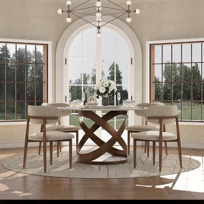 POVISON 51" Modern Round Dining Table, Pandora Round Kitchen Table for 4, Sintered Stone Dining Room Table top with Bronze X Carbon Steel Base (Dining Table Only)