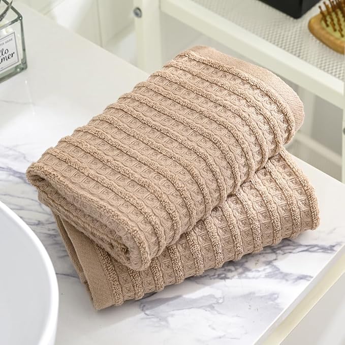 sense gnosis Brown Hand Towel Set of 2 Waffle with Terry Striped Pattern 100% Cotton Ultra Soft Absorbent Towels for Bathroom Kitchen Home 13 x 29 Inch