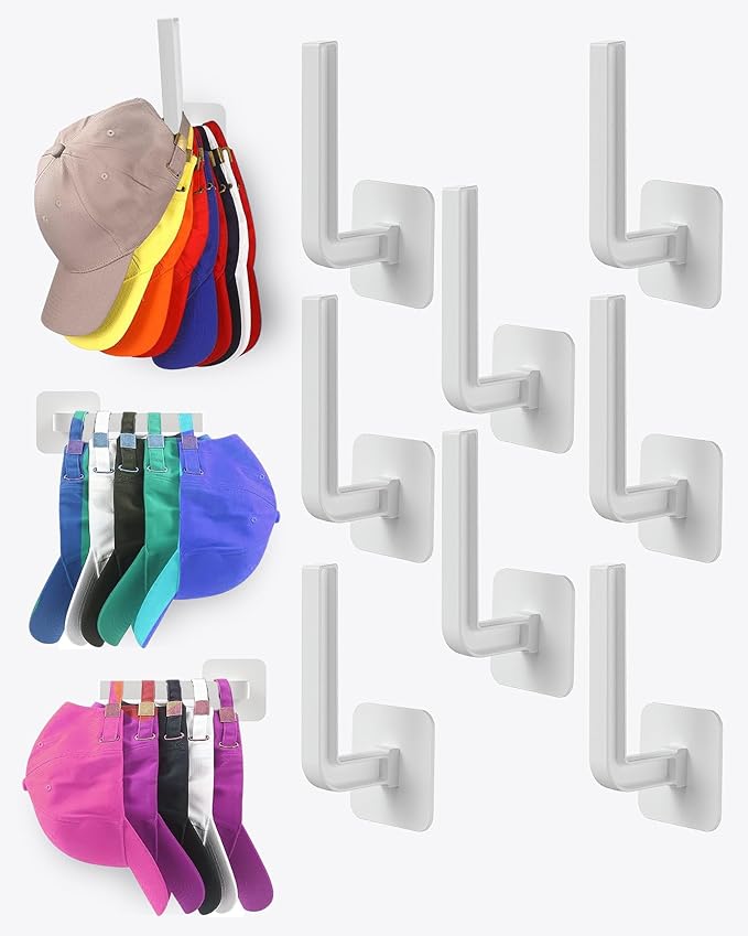 Hat Rack for Hat Storage (8-Pack), Multi-Purpose Hat Organizer, Strong Adhesive Hat Hooks for Wall Hat Organizer for Baseball Caps, Two Mounting Options Hat Hook, White