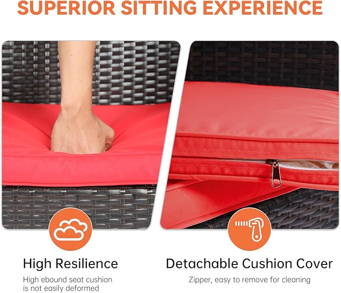 FDW Patio Furniture Set PE Rattan Patio Set Wicker Outdoor Furniture Bistro Set for Outdoor Indoor Use with Loveseats Coffee Table, Red Cushions, 4 Pieces