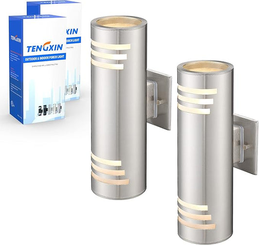 TENGXIN 2 Pack Outdoor Wall Light,Up Down Modern Outdoor Wall Sconce with Stainless Steel Cylinder,Brushed Nickel Exterior Lighting Fixtures