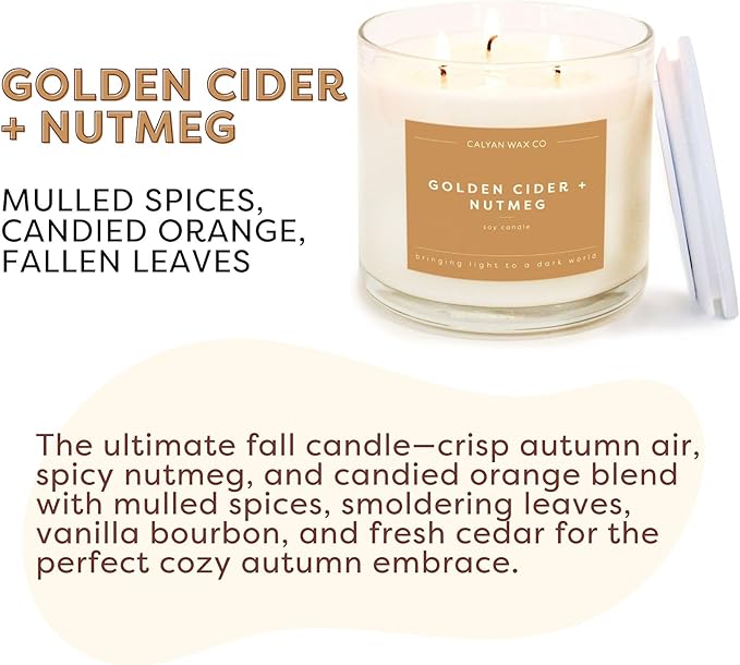 Calyan Wax Co. Golden Cider & Nutmeg 3 Wick Scented Candle - 43 Hour Burn - Luxury 3 Wick Soy Candles - Non Toxic Soy Wax Candles - Long Lasting Large Glass Jar Candle for Home - 14.9oz