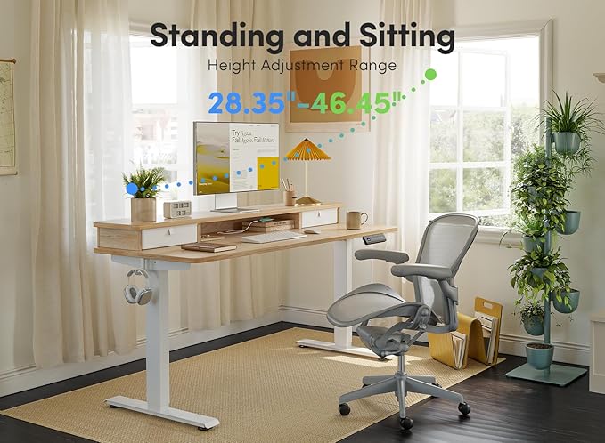 FEZIBO 40 x 24 Inch Height Adjustable Electric Standing Desk with Double Drawer, Computer Desk, Home Office Stand Up Table with 4 Height-Adjustable Feets & 2 Hooks, Maple