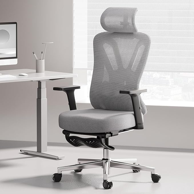 Hbada Office Chair, Desk Chair with Adjustable Lumbar Support and Height, Comfortable Mesh Computer Chair with Footrest 2D Headrest, Swivel Tilt Function Grey