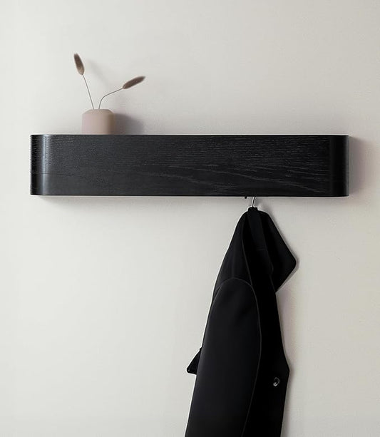 Kazai. Wall-Mounted Coat Rack 'Toke' - Modern Design Coat Rack with Hidden Wall Hooks - Solid Wood Veneer Panel Coat Hanger - Oak, Black
