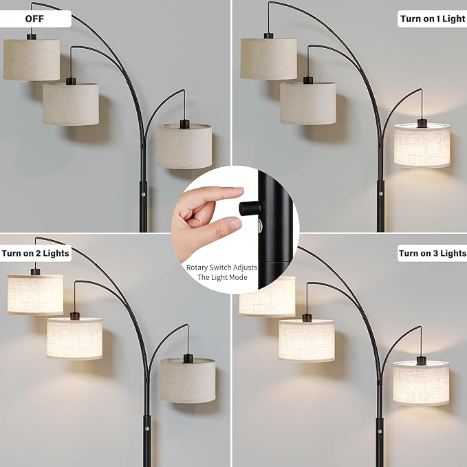 SUNMORY 3 Lights Floor Lamp for Living Room, 78" Tall Standing Lamp with Hanging Drum Shade, Modern Arc Floor Lamps with Heavy Base, Mid Century Arched Tree Floor Lamp for Bedroom, Office, Corner