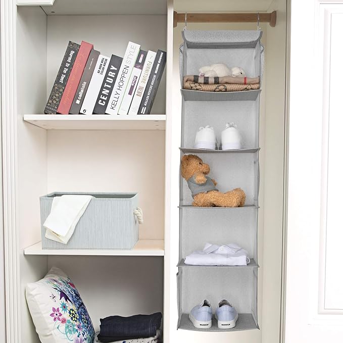 5 Shelves Hanging Closet Organizer, 2 Pack Hanging Storage with 6 Side Pockets for Clothes Bags, 43"x12"x12"(Light Gray)