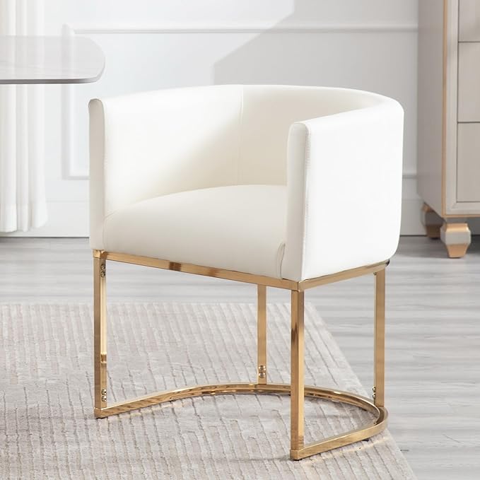 Faux Leather Dining Chair Modern Barrel Arm Chairs with Golden Metal Frame, Upholstered Kitchen Chairs 18.5" Wide Accent Chair for Living Room Dining Room Restaurant, White