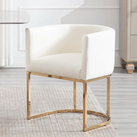 Faux Leather Dining Chair Modern Barrel Arm Chairs with Golden Metal Frame, Upholstered Kitchen Chairs 18.5" Wide Accent Chair for Living Room Dining Room Restaurant, White