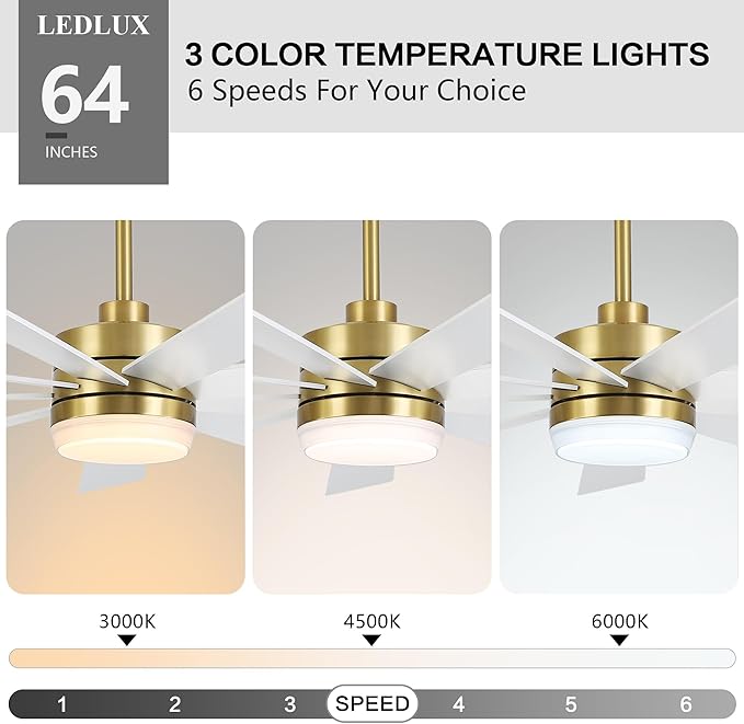 64" Ceiling Fan with Light, 6-Speed Remote Control, Reversible DC Motor, Modern 9 Blades with 4.5"/12" Downrods for Home or Commercial White/Gold
