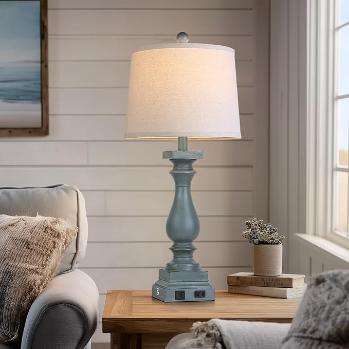 28" Tall Farmhouse Table Lamp with USB C+A Ports and AC Outlet, 3 Way Touch Control Rustic Bedside Lamp for Bedroom, Blue Vintage Nightstand Lamp for Living Room Office