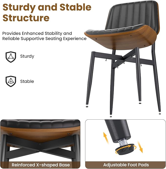 Dining Chairs Set of 4, FSC Certified Mid Century Modern Dining Room Kitchen Chairs, Upholstered PU Leather Vertical Stripe Chairs for Vanity with Walnut Bentwood and Metal Legs, Black