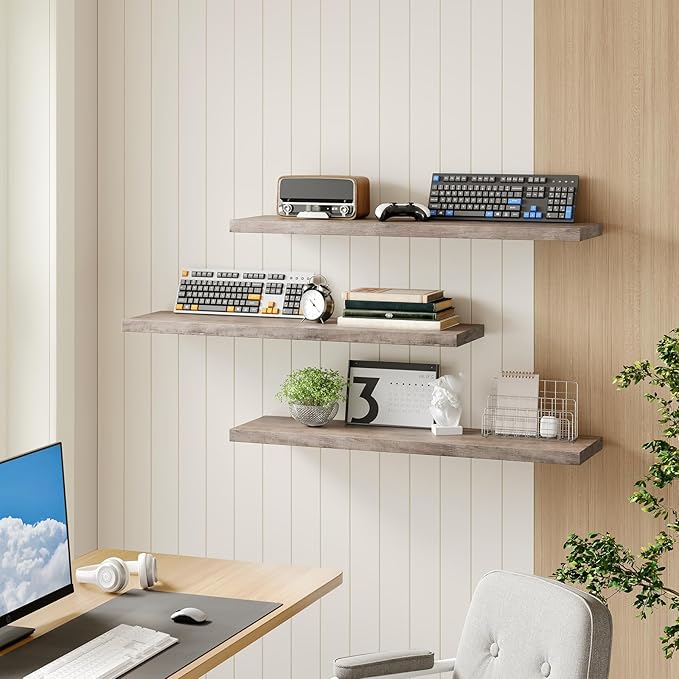 Floating Shelves for Wall, 1.5" Thick Wall Shelf Set of 3 with Invisible Brackets, L39.4 x W7.9 Hanging Book Shelves Farmhouse Home Decor for Bathroom, Living Room, Bedroom, Greige 10301BJP3BG